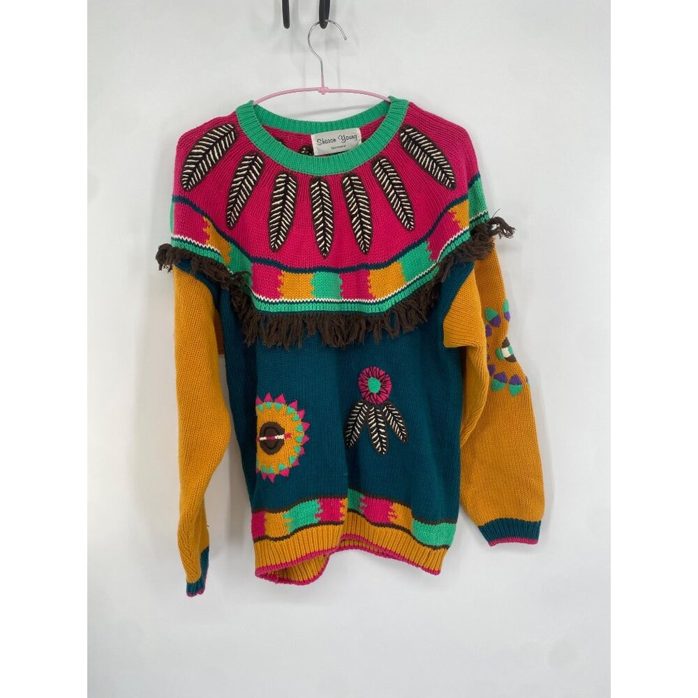 SHARON YOUNG PULLOVER KNIT FEATHER ART TO WEAR SWEATER MEDIUM?